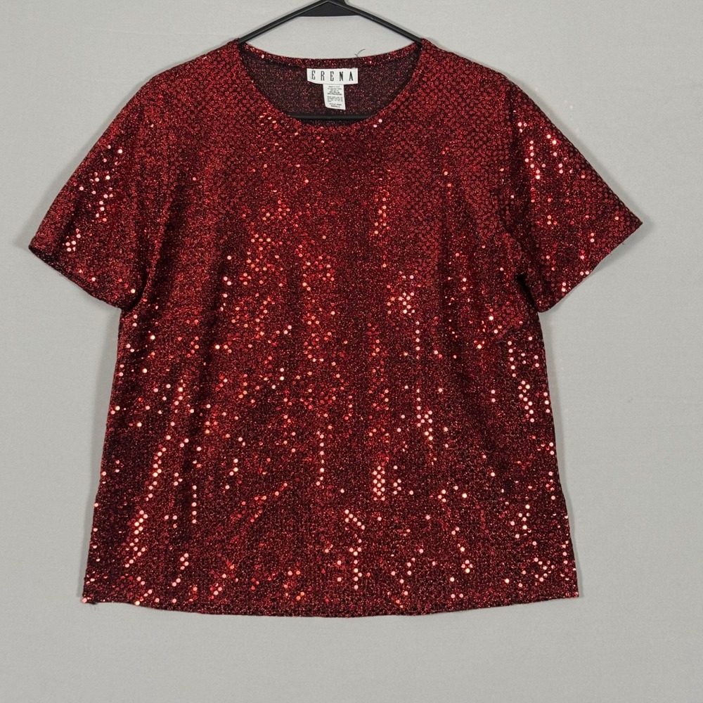 Erena Sequin Glitter Top Women S Red NWOT Vintage 90s Y2K Metallic Short Sleeve